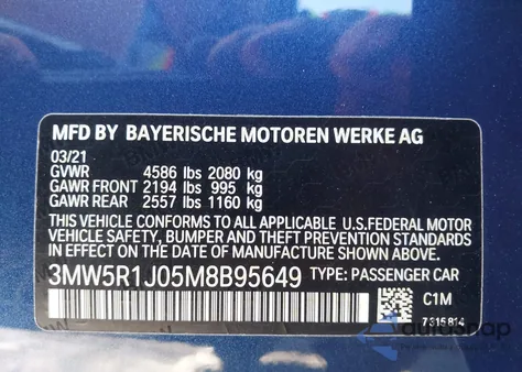 2021 BMW 330I z USA, uszkodzony, nr VIN 3MW5R1J05M8B95649